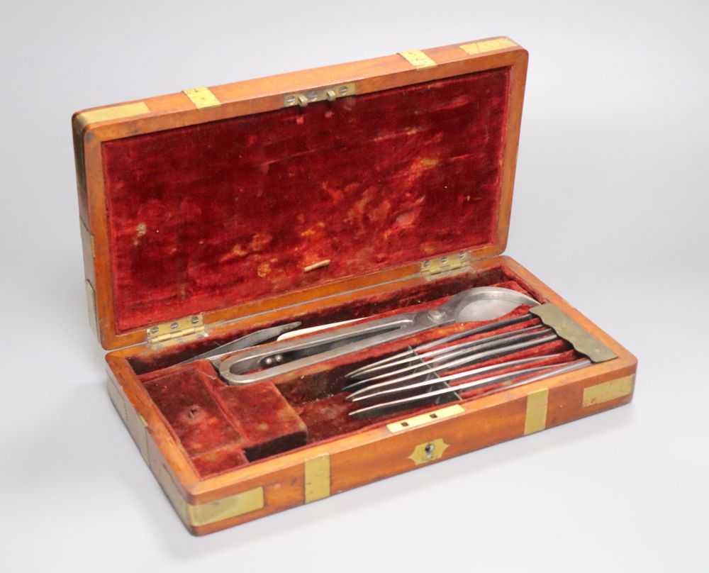 A mid 19th century mahogany and brass cased steel surgeons set, case 30cm